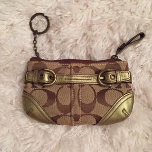 Tan and Gold Coach Card Keychain Zip Case w/“C”